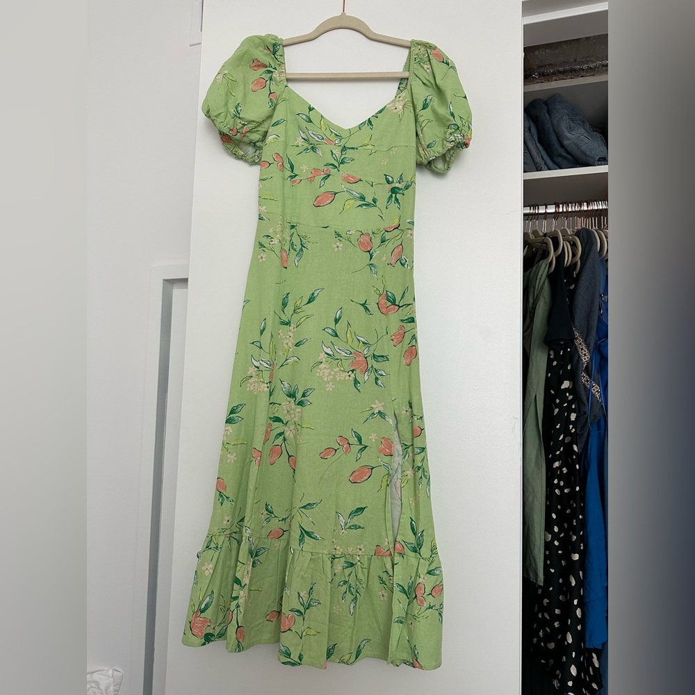 Flower Print Green MIDI Dress